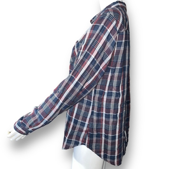 SANDRA Ingrish Red Maroon White Blue Chambray Trim Plaid Flannel Shirt Top XL - Picture 5 of 9